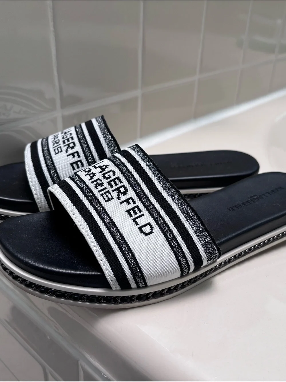 Karl Lagerfeld Black and White Logo Slide Sandals for Kids